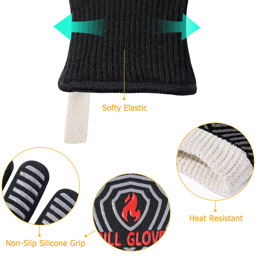 QUWIN BBQ Gloves, Oven Gloves 1472℉ Extreme Heat Resistant, Grilling Gloves Silicone Non-Slip Oven Mitts, Kitchen Gloves for BBQ, Grilling, Cooking, Baking-1 Pair… (Black, One Size(Long Cuff))