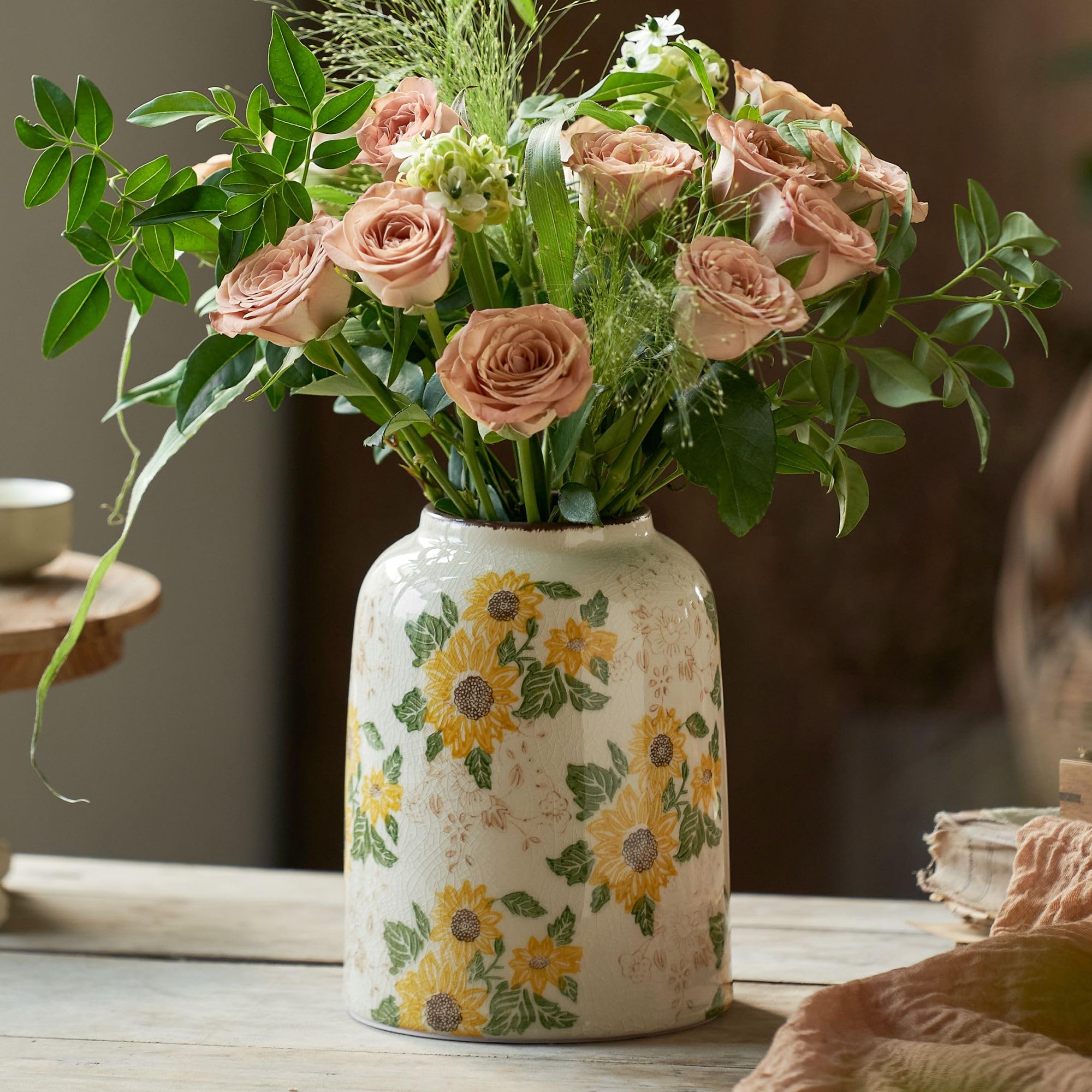 Levvohd Vintage Ceramic Vase, Sunflower Pattern 7.9 Inch, Medium Cylinder