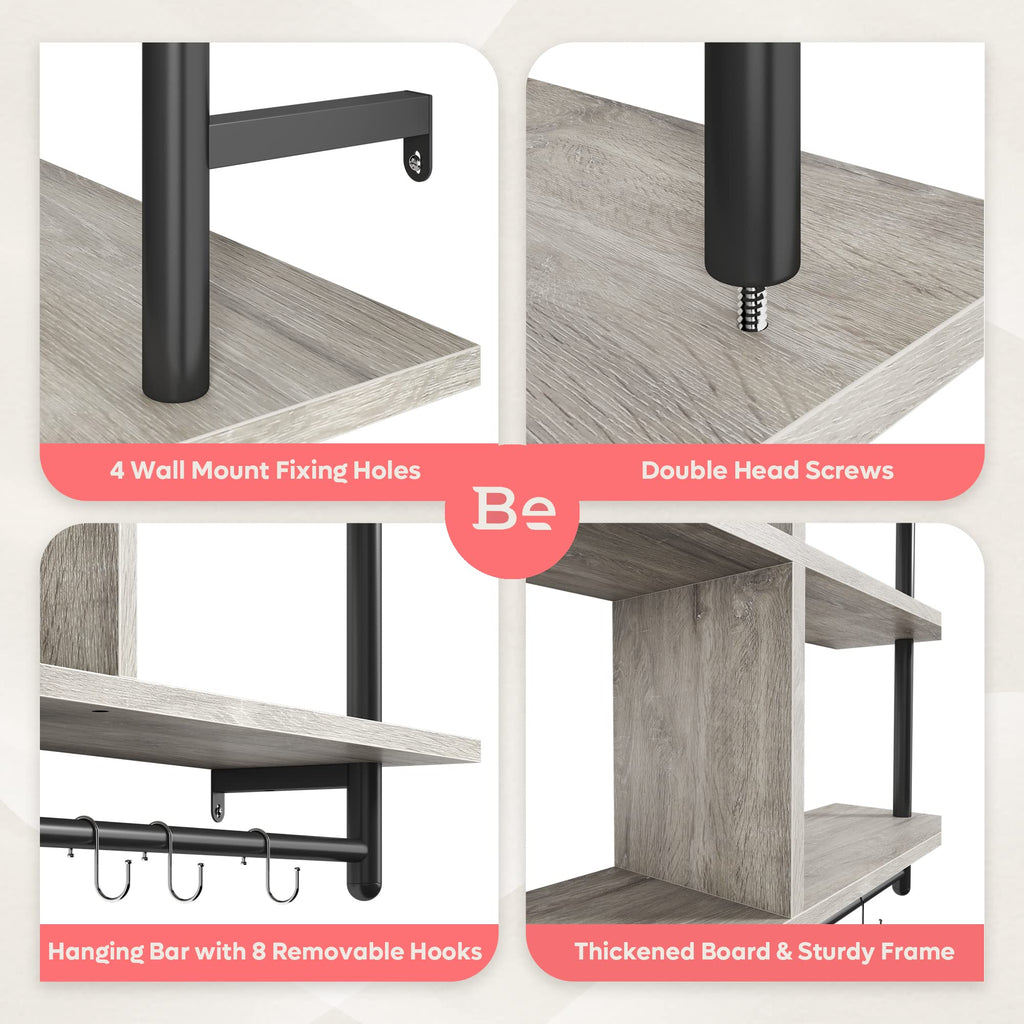 Bestier 41" Floating Kitchen Shelves Wall Mounted 3 Tier Coffee Bar Mug Shelf Hanging with 8 Hooks Display Plant Pipe Shelving for Living Room Kitchen Bathroom Balcony, Retro Grey