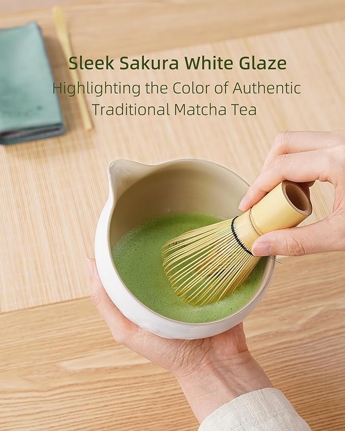 ZENS Matcha Whisk Set, Ceramic Matcha Set Includes 15oz Sakura Bowl, Bamboo Whisk & Chasen Holder, Scoop & Sifter-Tea Towel, 6pcs Matcha Kit for Matcha Lovers, White