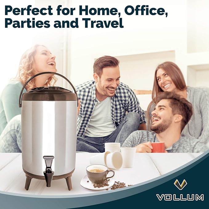 Stainless Steel Insulated Beverage Dispenser – Insulated Thermal Hot and Cold Coffee Carafe – 8 Liter Drink Dispenser with Spigot for Hot Water, Tea & Coffee, Cold Milk, Juice & More BROWN…