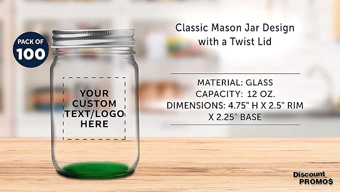 DISCOUNT PROMOS 100 Decorating Mason Jars Set, 12 oz. - Customizable Text, Logo - Canning, Aluminum Lid - Green