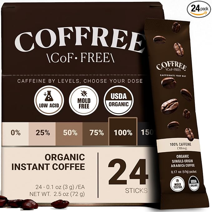 COFFREE Organic Instant Coffee Packets - 100% Caffeine, Low Acid, Mold Free Coffee Made with Medium Roast Arabica Coffee Beans - Smooth & Rich Taste - Hot or Cold Single Serve Packets 24 Pack Box