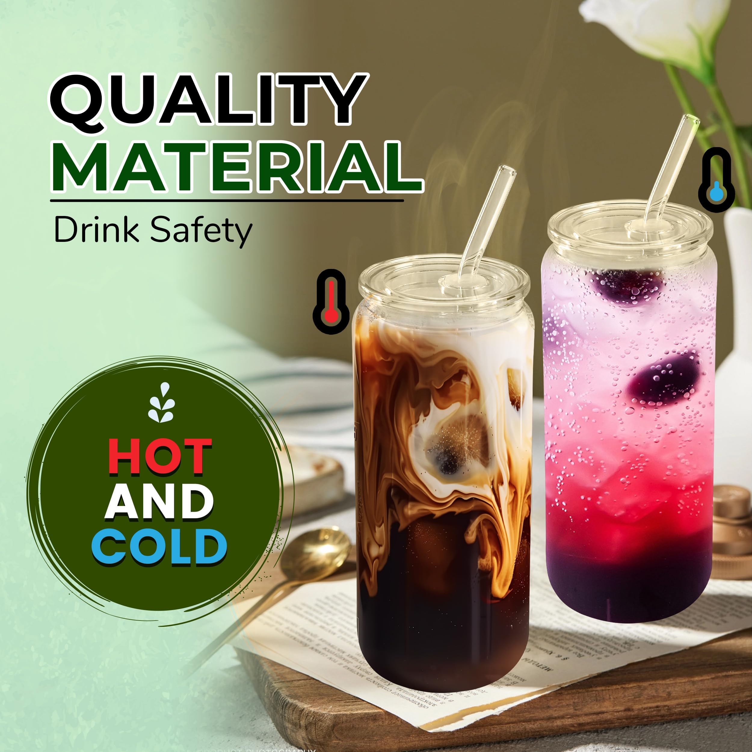 Joyclub 2pcs Glass Cups with Acrylic Lids and Straws 20 oz Drinking Glasses