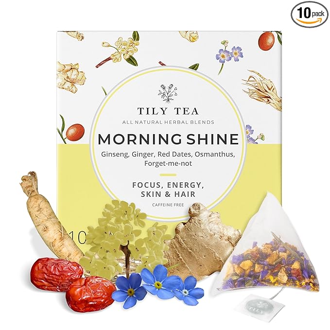 Tily Tea Morning Shine Breakfast Tea - Natural Herbal Tea for Focus and Energy - Ginger and Gingseng - Caffeine Free - 10 Plastic-Free Tea Bags