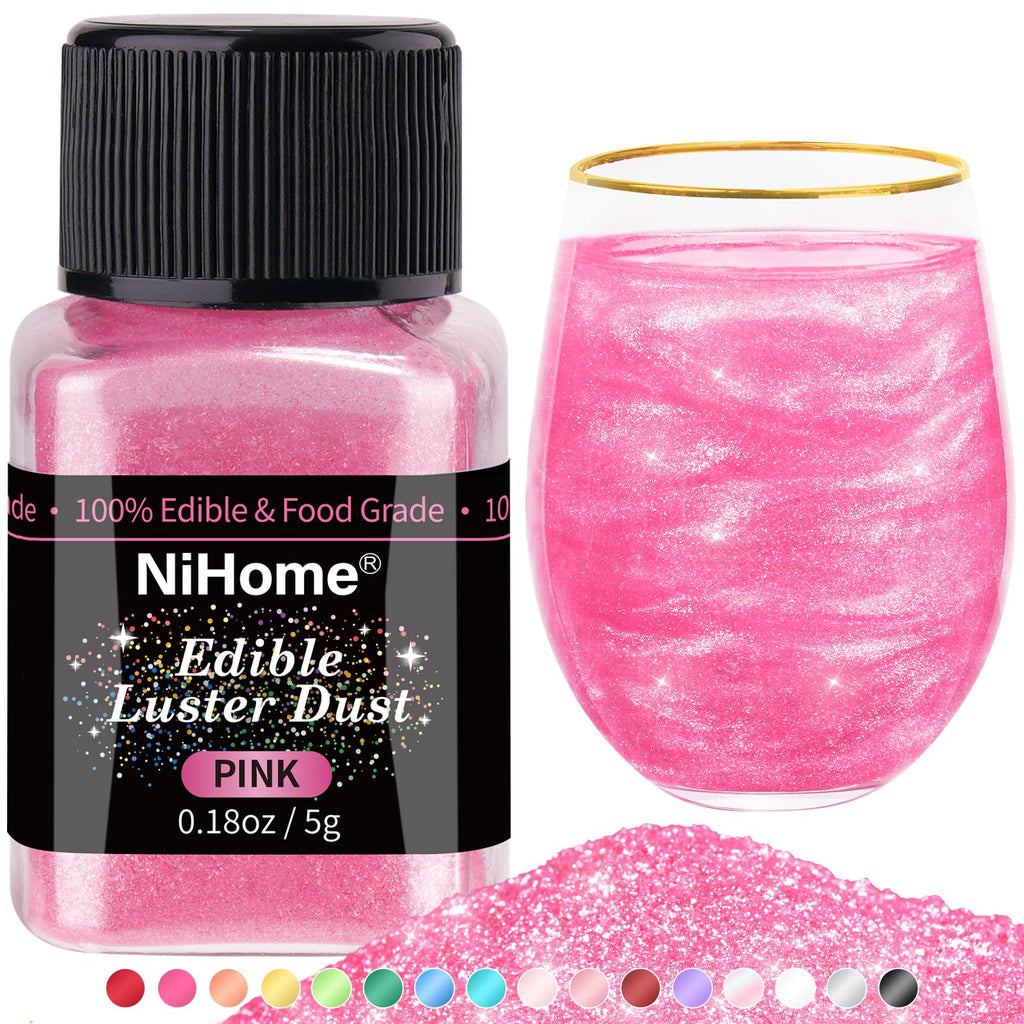 NiHome Edible Glitter Luster Dust, Vegan Shimmer for Drinks, Dessert, Pink