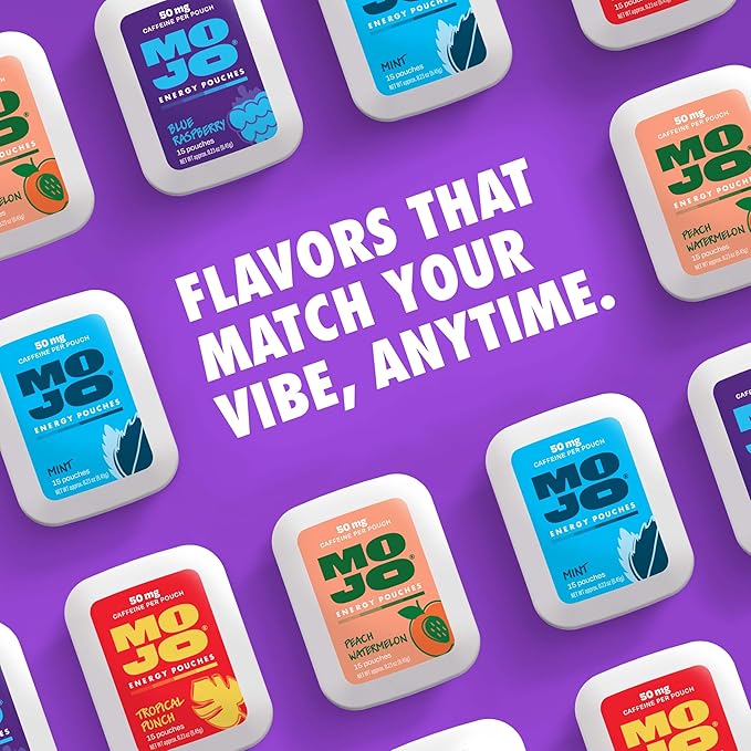 MOJO Energy Pouches Blue Raspberry Flavor, 50 mg per Caffeine Pouch, 15 Pouches, 5-Pack