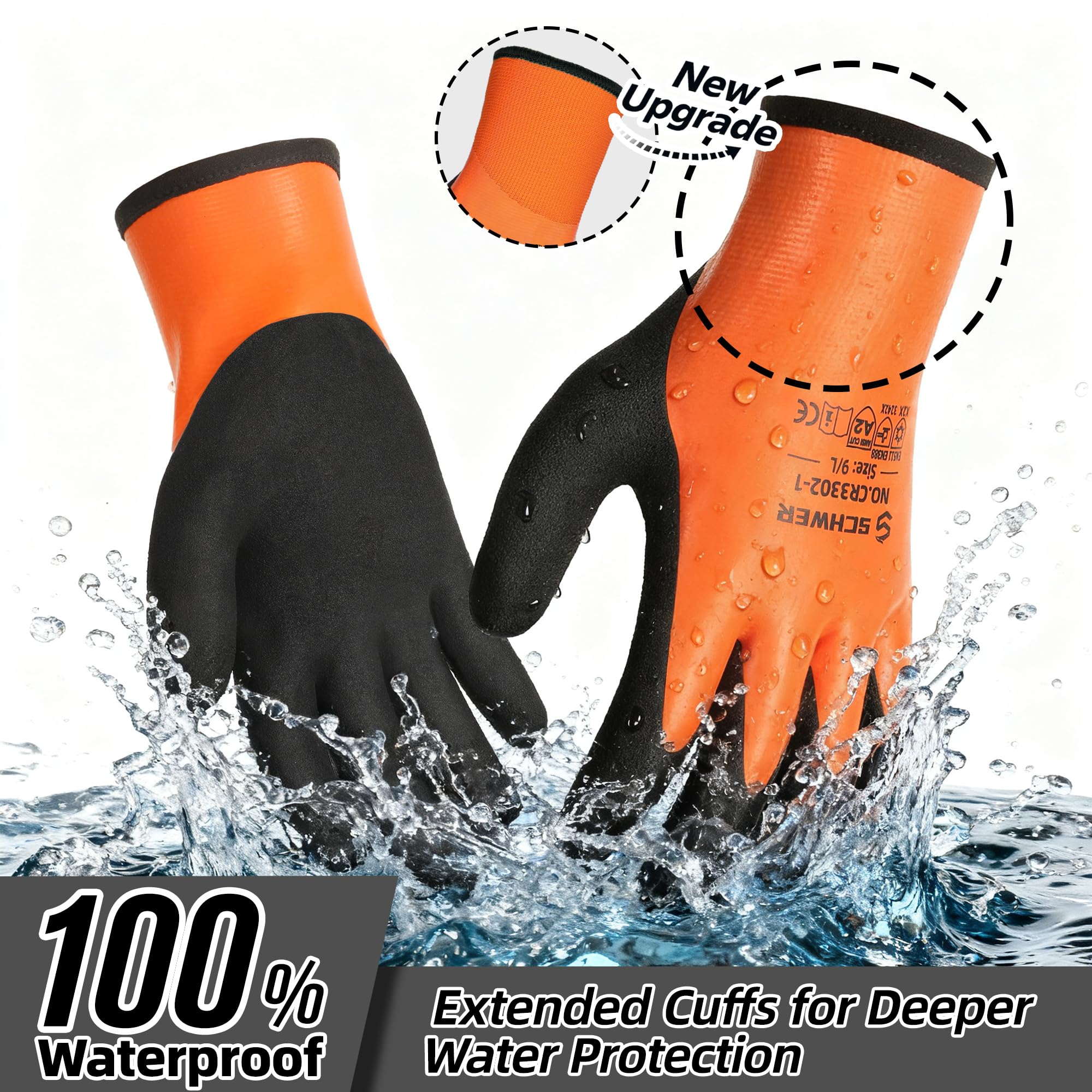 Schwer 100% Waterproof Winter Work Gloves Latex Coated, CR3302-1, XXL