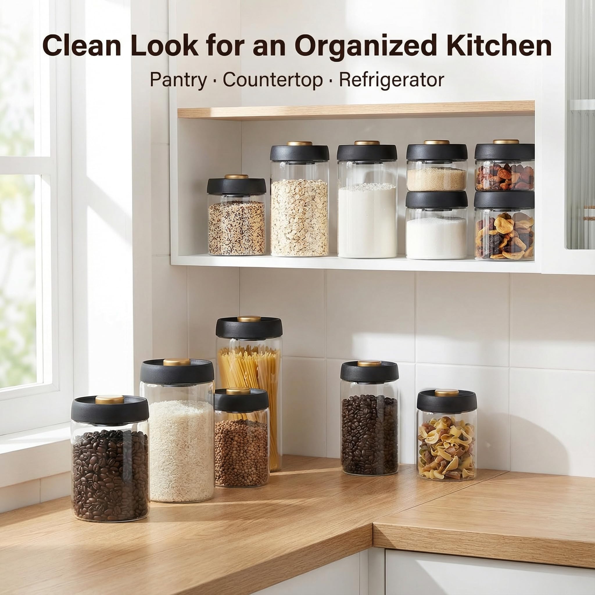 LOEZ Vacuum Coffee Canister, 61 fl oz Glass Jar with Pump Lid, Clear