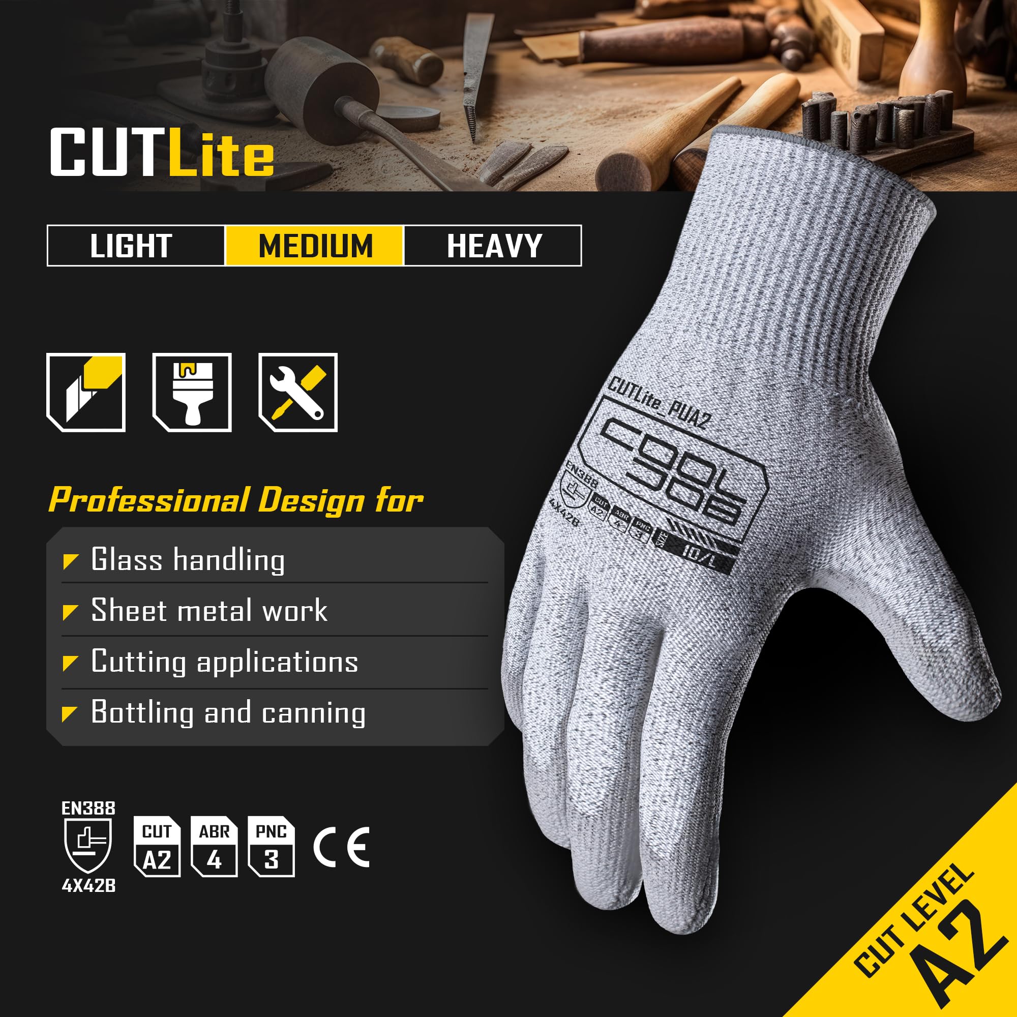 COOLJOB 12 Pairs A2 PU Cut Resistant Safety Work Gloves with Grip, XL