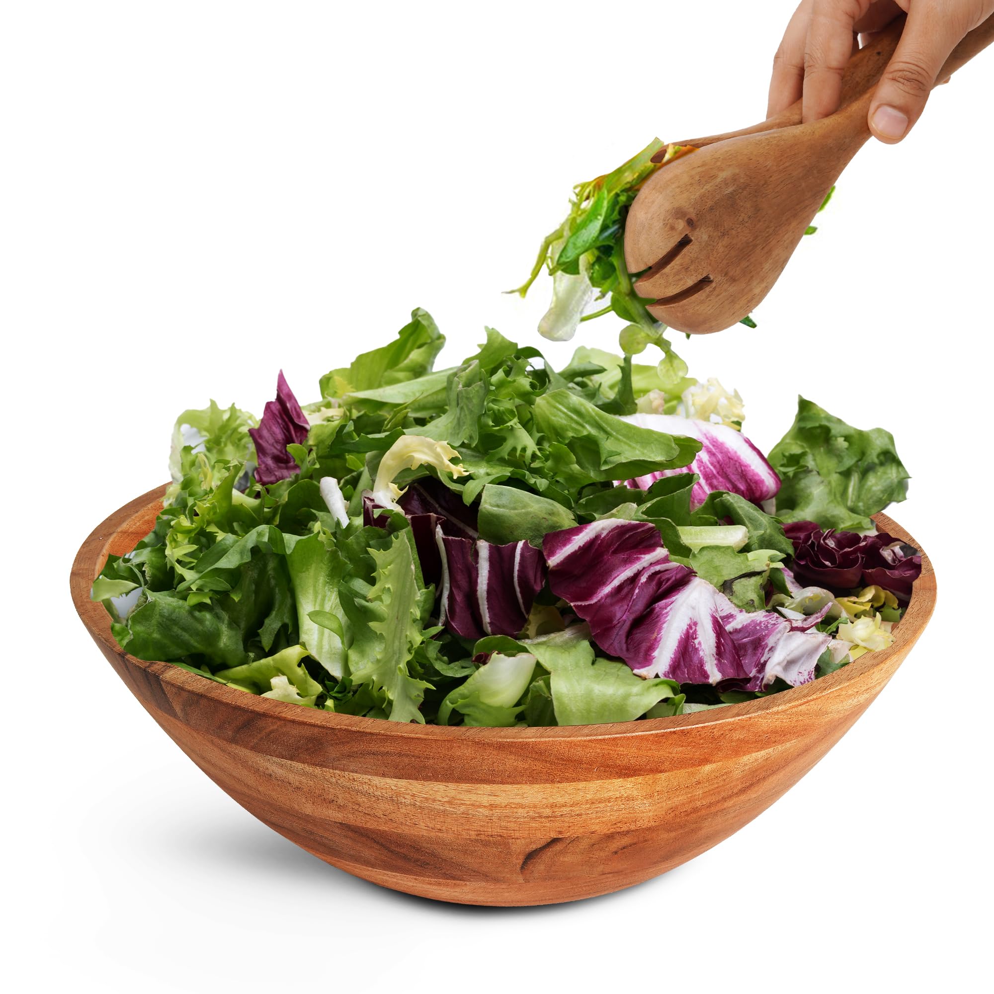 Luxe Designs Wooden Salad Bowl Set - Food Safe & Sustainable Decorative Bowl - Wood Bowl for Fruits, & Salads - Easy to Clean Large Salad Bowls Set w/Spoon, Fork – Wooden Bowls for Food