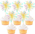 30 PCS Foil Firework Cupcake Toppers Sparkle Tinsel Cupcake Picks Happy Birthday Cake Decorations Drink Stirrers Cocktail Food Fruit Toothpicks for Baby Shower Graduation Party Supplies Yellow