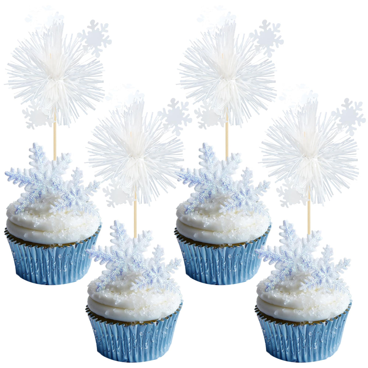 Gyufise 30Pcs Foil Firework Cupcake Toppers Sparkle Tinsel Cake Toppers Tinsel Drink Cake Decoration Cocktail Picks for Birthday Wedding Graduation Party Supplies Dark Blue