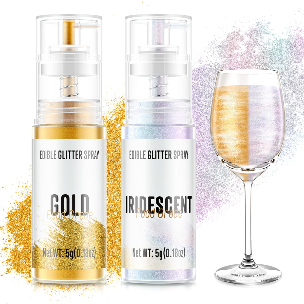 Edible Glitter Spray,Gold & Silver 2 Colors Food Grade Edible Glitter Set for Drink Cake Beverages,Cupcakes,Cake Pops and Cookies Decorating