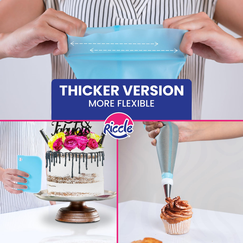 Riccle 88 pcs Cake Decorating Kit with Blue Cake Turntable - Includes 50 Disposable + 2 Reusable Piping Bags and Tips Set, 24 Icing Piping Tips, 2 Spatulas, 3 Icing Comb Scraper (Black)