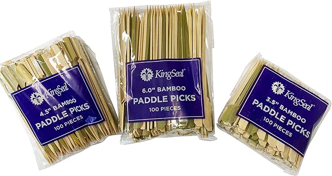 200 Count | KingSeal Natural Green Bamboo Wood Paddle Picks, Skewers for Appetizers and Cocktails, 6.0 Inches - 2 Packs of 100