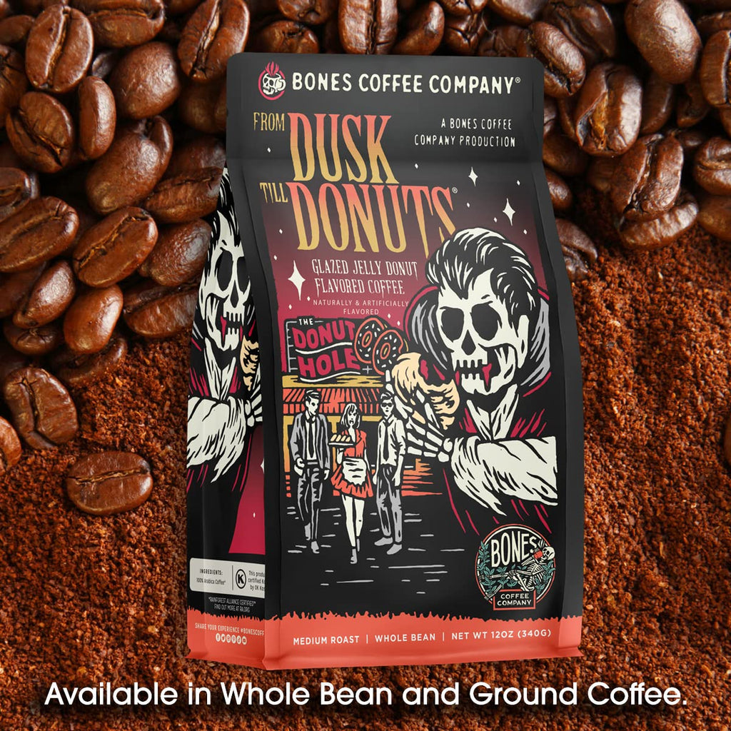 Bones Coffee Company From Dusk Till Donuts Jelly Donuts Flavored Coffee, Medium Roast Low Acid Arabica Beans Compatible with Auto drip and French Press Coffee Maker, 12 Oz Ground