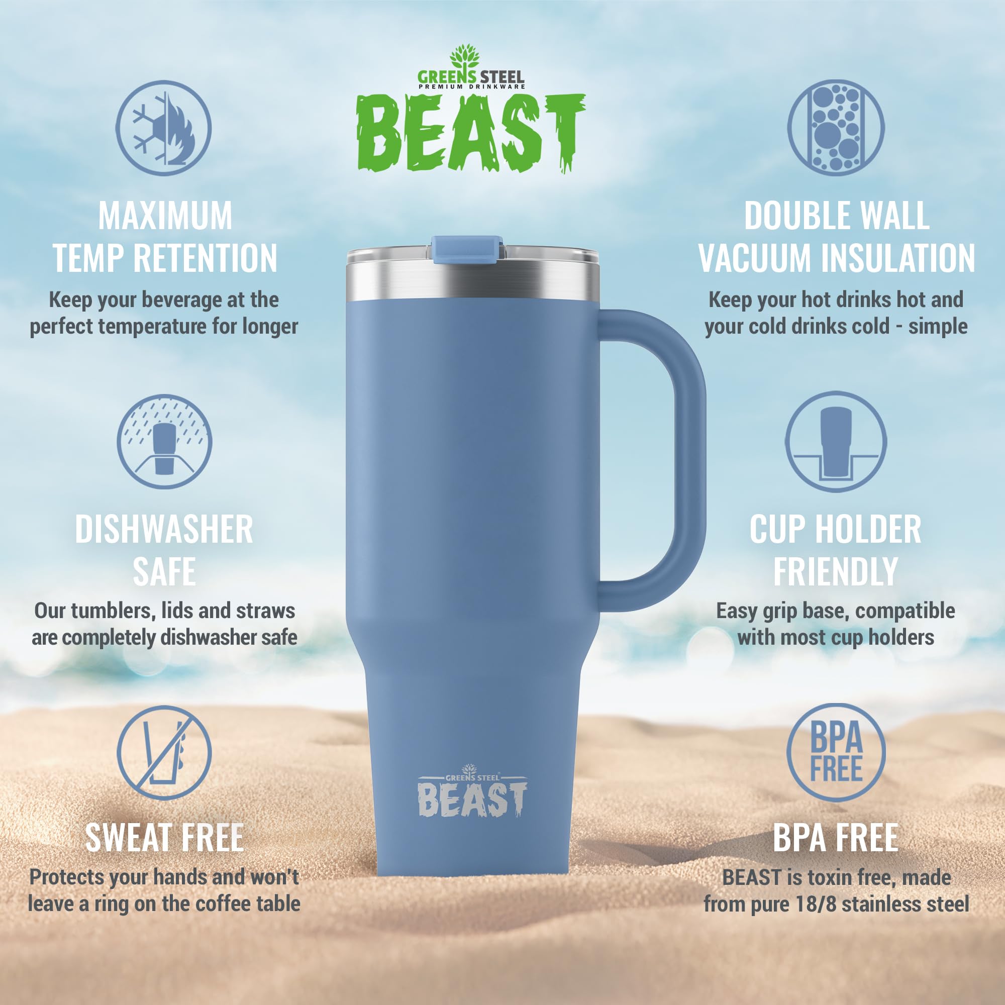 Beast 50 oz Tumbler with Handle Stainless Steel Vacuum Insulated Coffee Ice Cup Double Wall Travel Flask (Stormy Sky Blue)