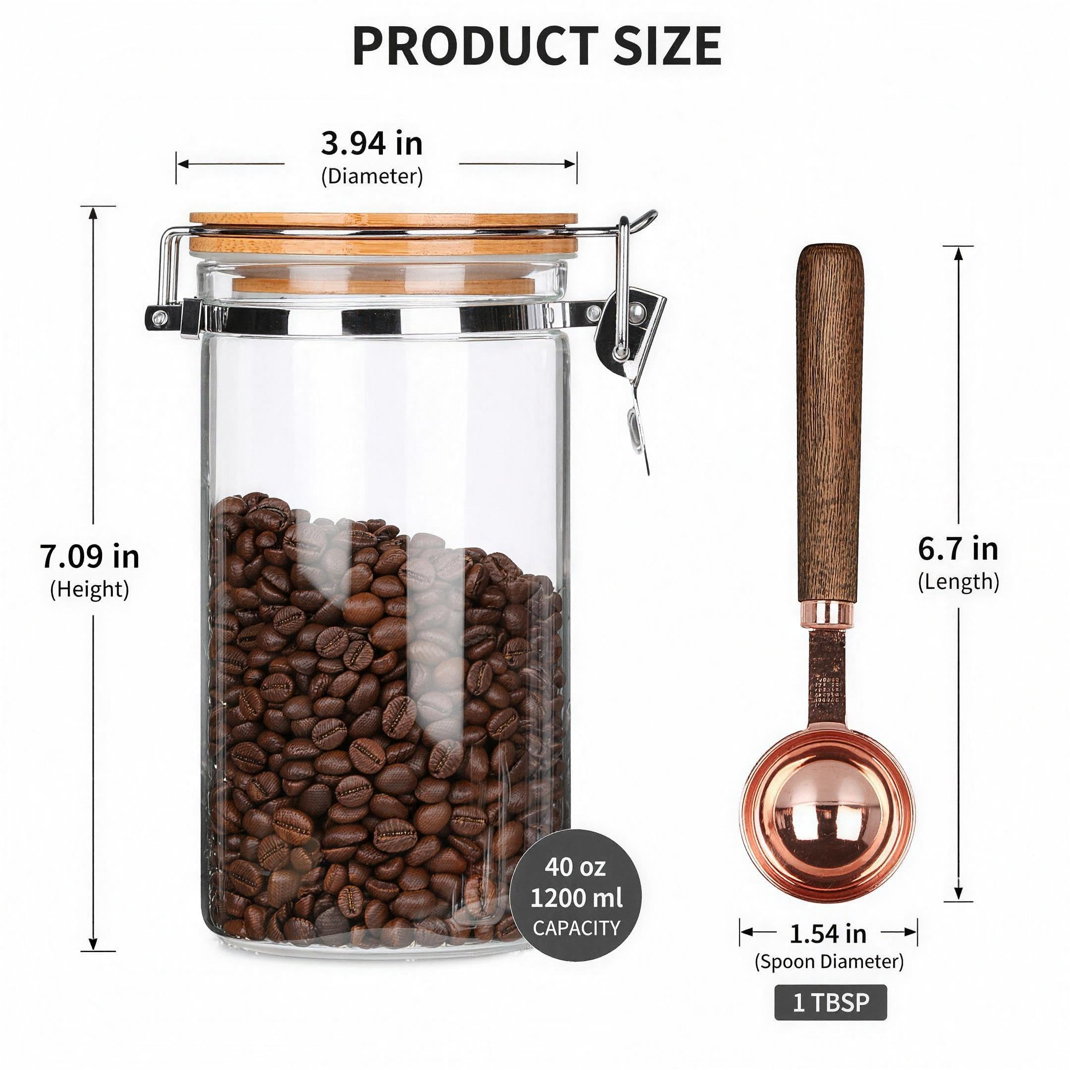 KKC HOME ACCENTS 40 oz Glass Coffee Container (Holds 1 lb Coffee Beans) with Airtight Bamboo Lid and 1 Tbsp Wood Spoon - Clear Coffee Jar Canister for Grounds Storage, Aesthetic Kitchen Counter Decor