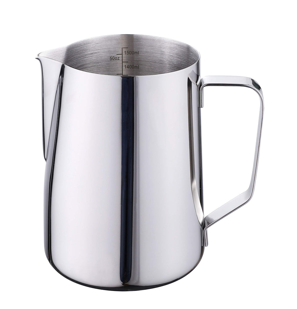 Joytata 50oz Milk Frothing Pitcher Stainless Steel Cup Double Measurement Scales Perfect for Latte Art,Espresso Maker,Cappuccino Maker-18/8 Stainless Steel Milk Frother Steaming Pitcher
