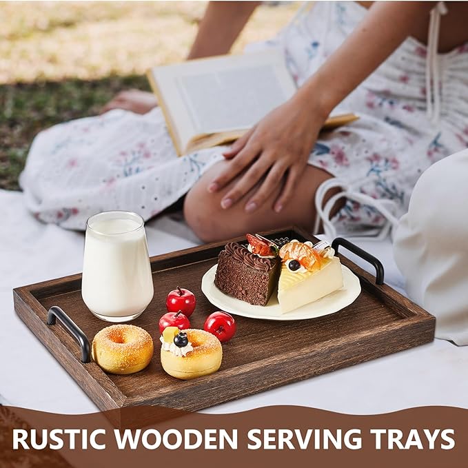 Lallisa 4 Pcs Large Wooden Serving Trays Decorative 15.75 x 11.81 x 2.36 Inch Ottomantray Rustic with Handle for Banquet Party Rectangular Lap Tray for Breakfast Coffee Table Picnic Bed Eating