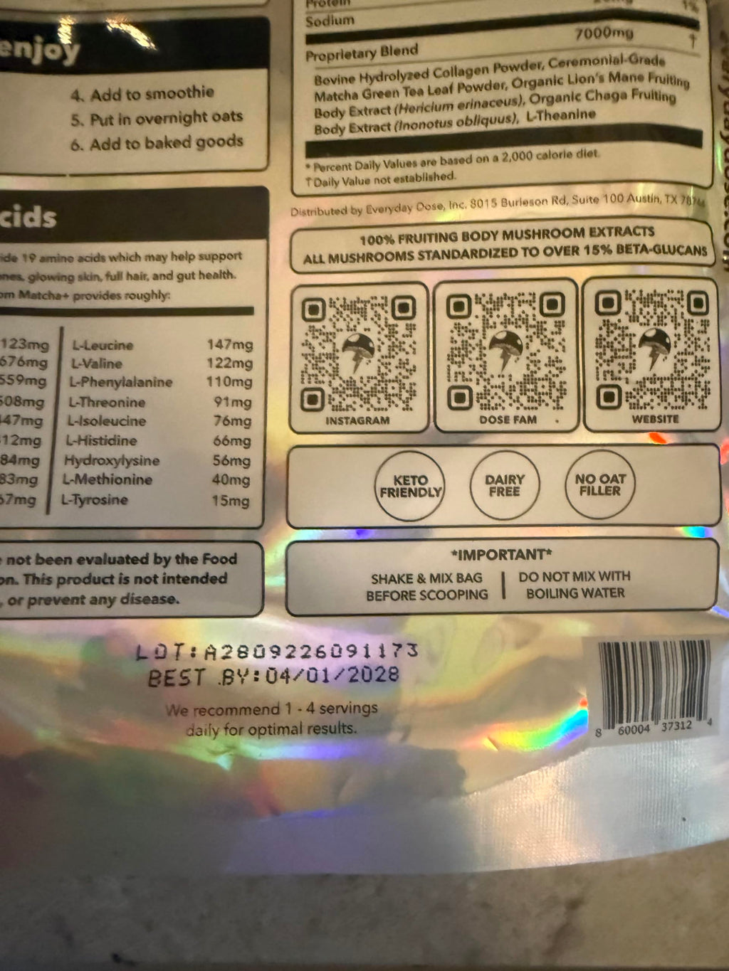 Everyday Dose Mushroom Matcha+ Ceremonial Grade Matcha Powder - Japanese Tea With Grass-Fed Collagen, Lion's Mane, Chaga, L-Theanine - For Better Focus, Energy, Digestion and Immunity - 30 Servings