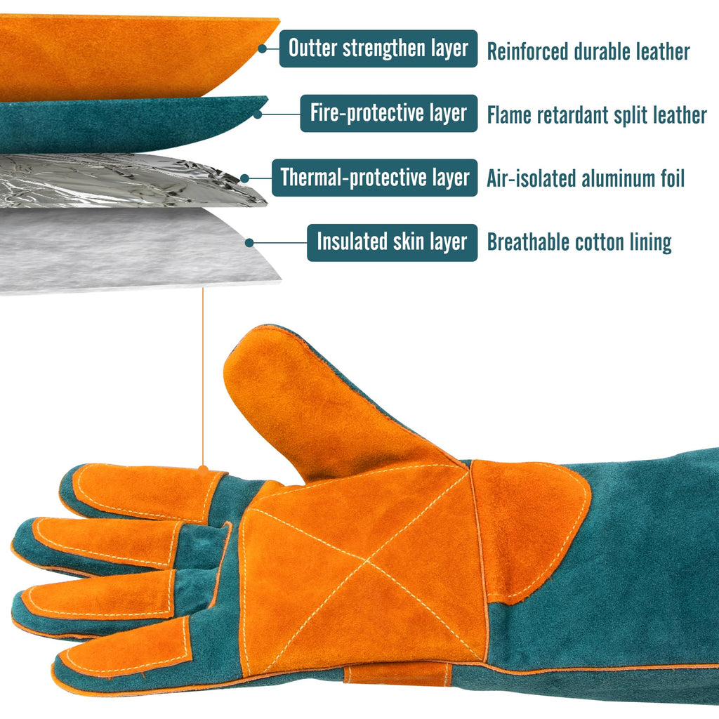 BEETRO Welding Goves Heat resistant 932°F Split Leather 4 Layers Working Gloves Soft Cotton Lining Breathable 16 Inches Mitts for Oven/Grill/Fireplace/Furnace/Stove/Pot Holder/BBQ/Animal Handling