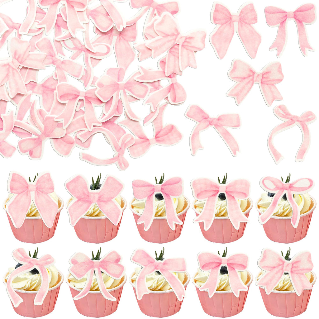 Gyufise 50Pcs Edible Pink Bowknot Cupcake Toppers Wafer Paper Bowknot Cake Dessert Picks Drink Topper Baby Shower Princess Cupcake Toppers for Birthday Party Decoration Supplies