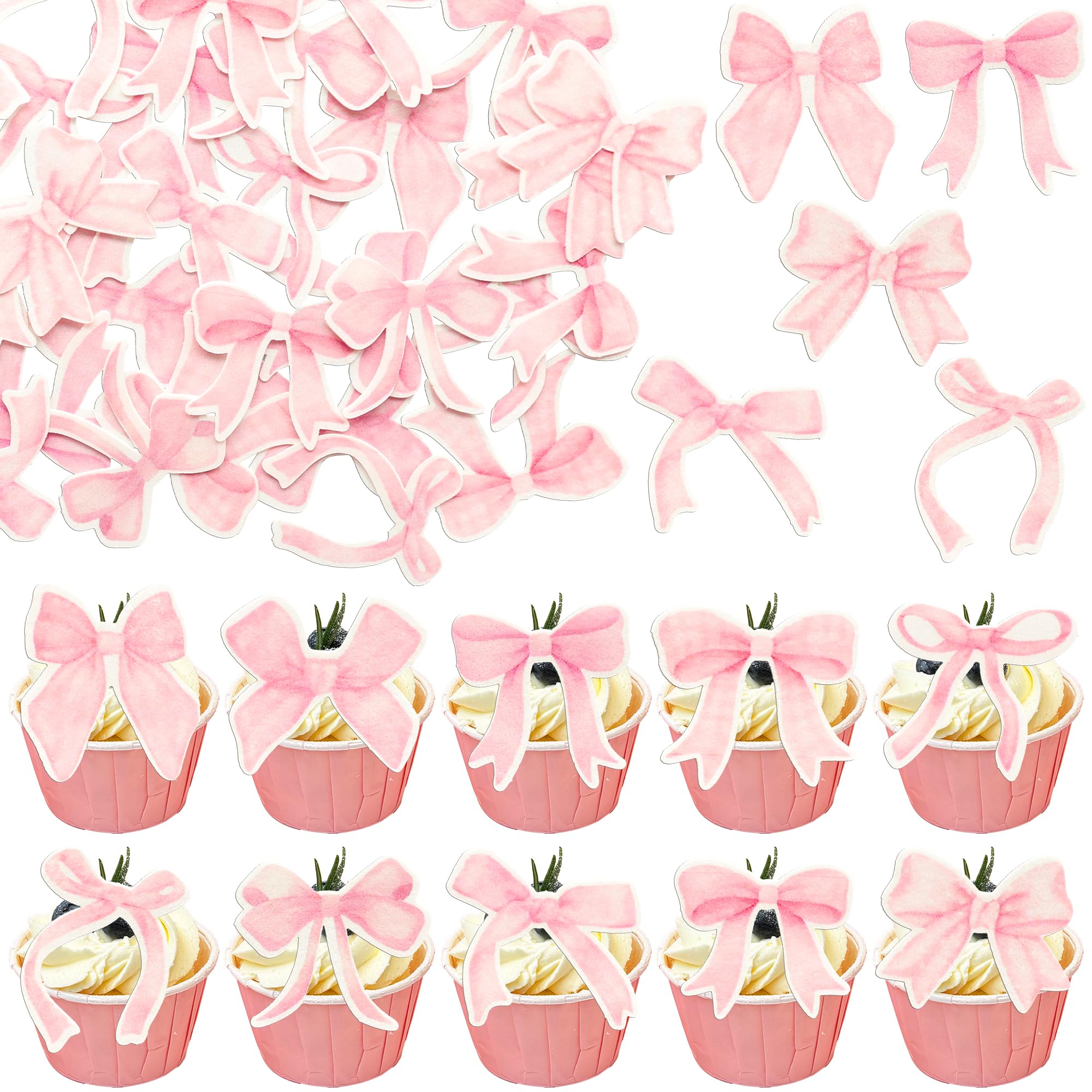 Gyufise 50Pcs Edible Pink Bowknot Cupcake Toppers Wafer Paper Bowknot Cake Dessert Picks Drink Topper Baby Shower Princess Cupcake Toppers for Birthday Party Decoration Supplies
