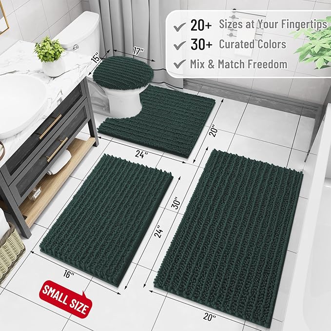 Arotive Luxury Chenille Bathroom Rug Mat, Extra Soft Thick Absorbent Shaggy Bath Rugs, Non-Slip Machine Wash Dry, Plush Bath Mats for Bathroom, Shower and Tub, 30x17, Dark Green