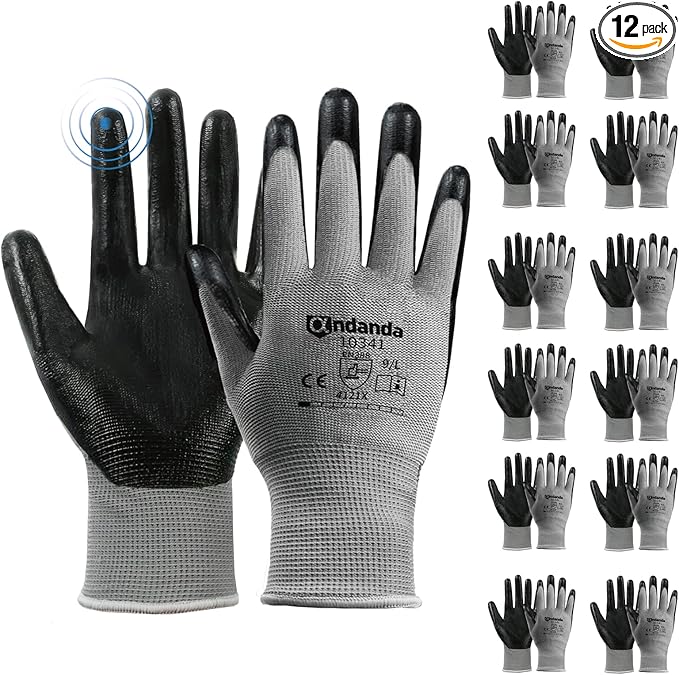 ANDANDA Smart Touch Work Gloves - 12 Pairs, 3D Comfort Stretch Fit, Nitrile Coated with Grip, Seamless Knit Nylon, Suitable for Warehousing, Black (XXL)