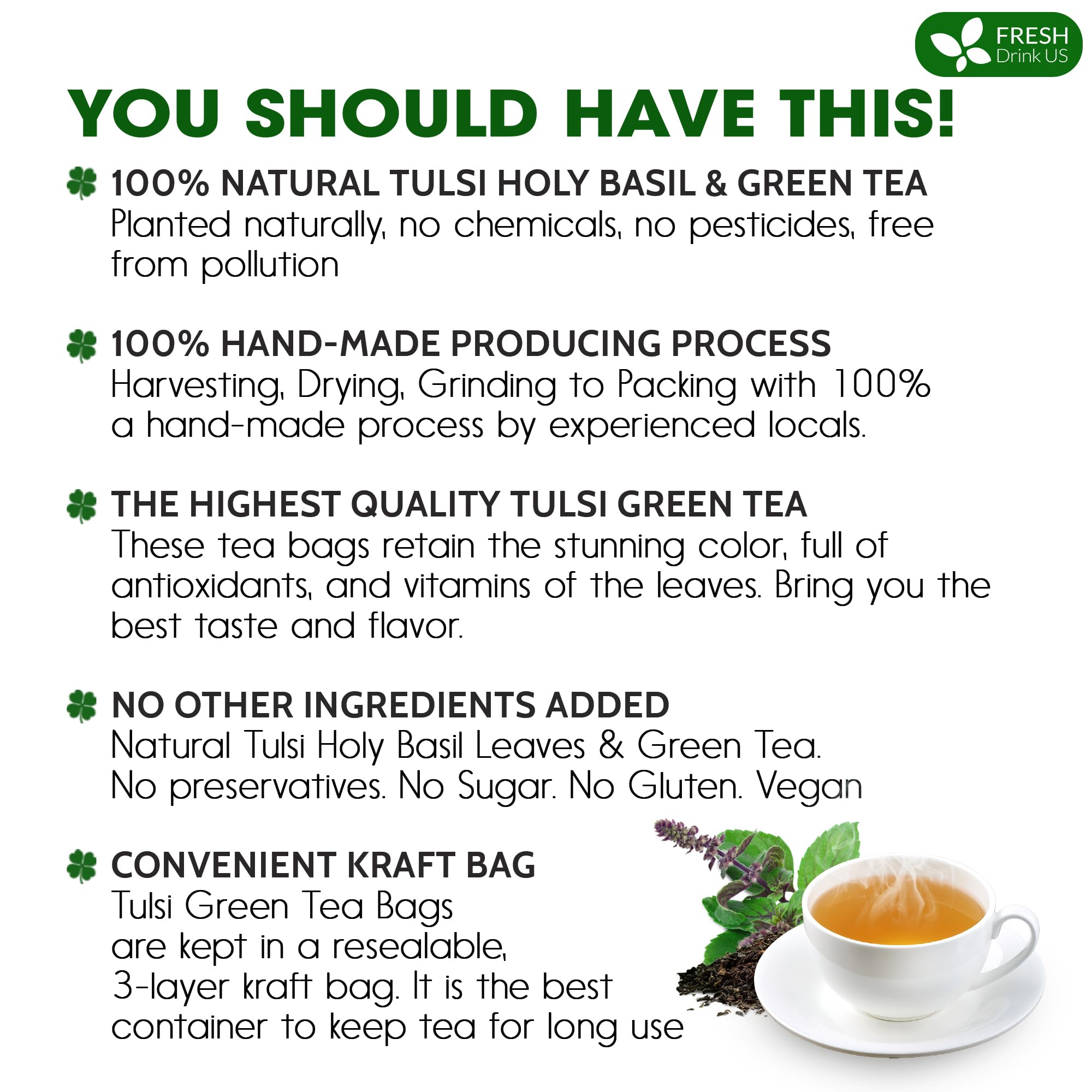 FreshDrinkUS, Premium 75 Tulsi Green Tea Bags, 100% Natural & Pure, Herbal Tea, No Sugar, No Caffeine, No Gluten, Vegan.