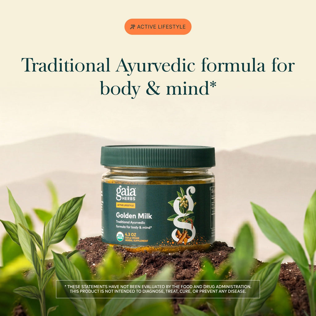 Gaia Herbs Golden Milk - Traditional Relaxation Support Supplement Powder with Organic Turmeric, Black Pepper, Ashwagandha, Cardamom & Dates for an Ayurvedic Cup of Calm* - 4.3 Oz (About 35 Servings)