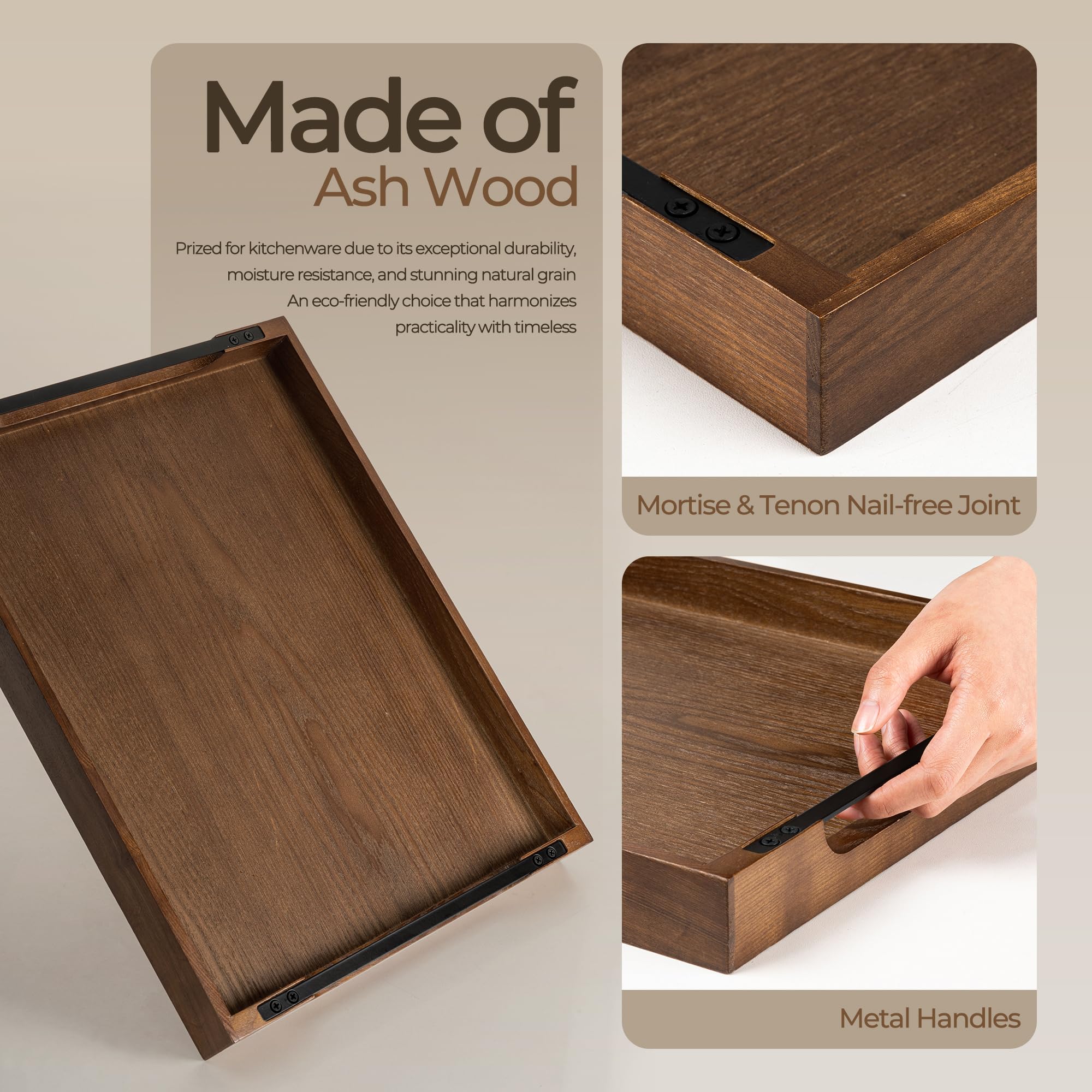 Axeman Wooden Serving Tray with Metal Handles|Ottoman Tray for Breakfast, Bed, Couch|17x13in Ash Wood Coffee Table Trays|Food Drinks Decorative Storage Boards for Ottoman Kitchen, Walnut