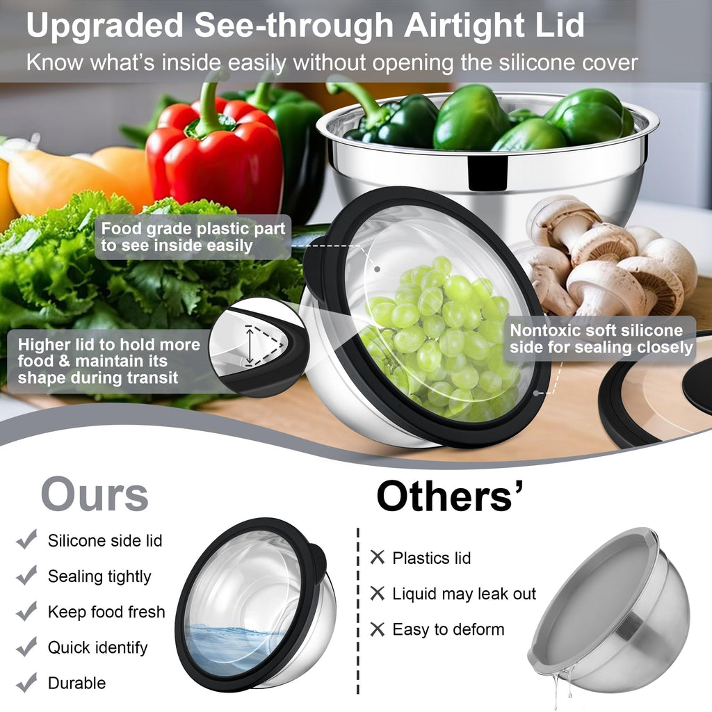 E-far Mixing Bowls with Lids and Graters, Stainless Steel Salad Mixing Bowl with Transparent Lid Set of 3, Metal Nesting Salad Storage for Kitchen Prepping/Serving/Baking, 4.6/2.6/1.5QT - Black