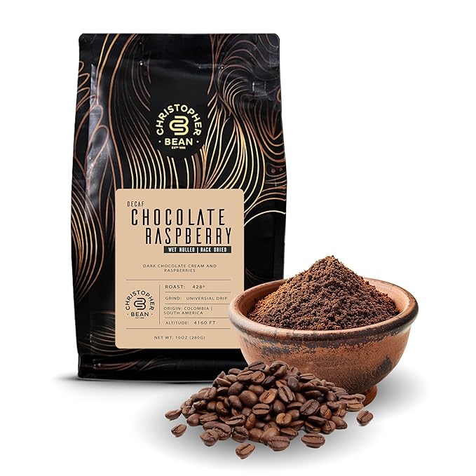 Christopher Bean Coffee - Certified Kosher - Decaf Ground Universal Drip Chocolate Raspberry Flavored Coffee with Medium Roast | Chocolate Raspberry Coffee No Sugar with 100% Arabica, No Fats, Non-GMO | 10-Ounce