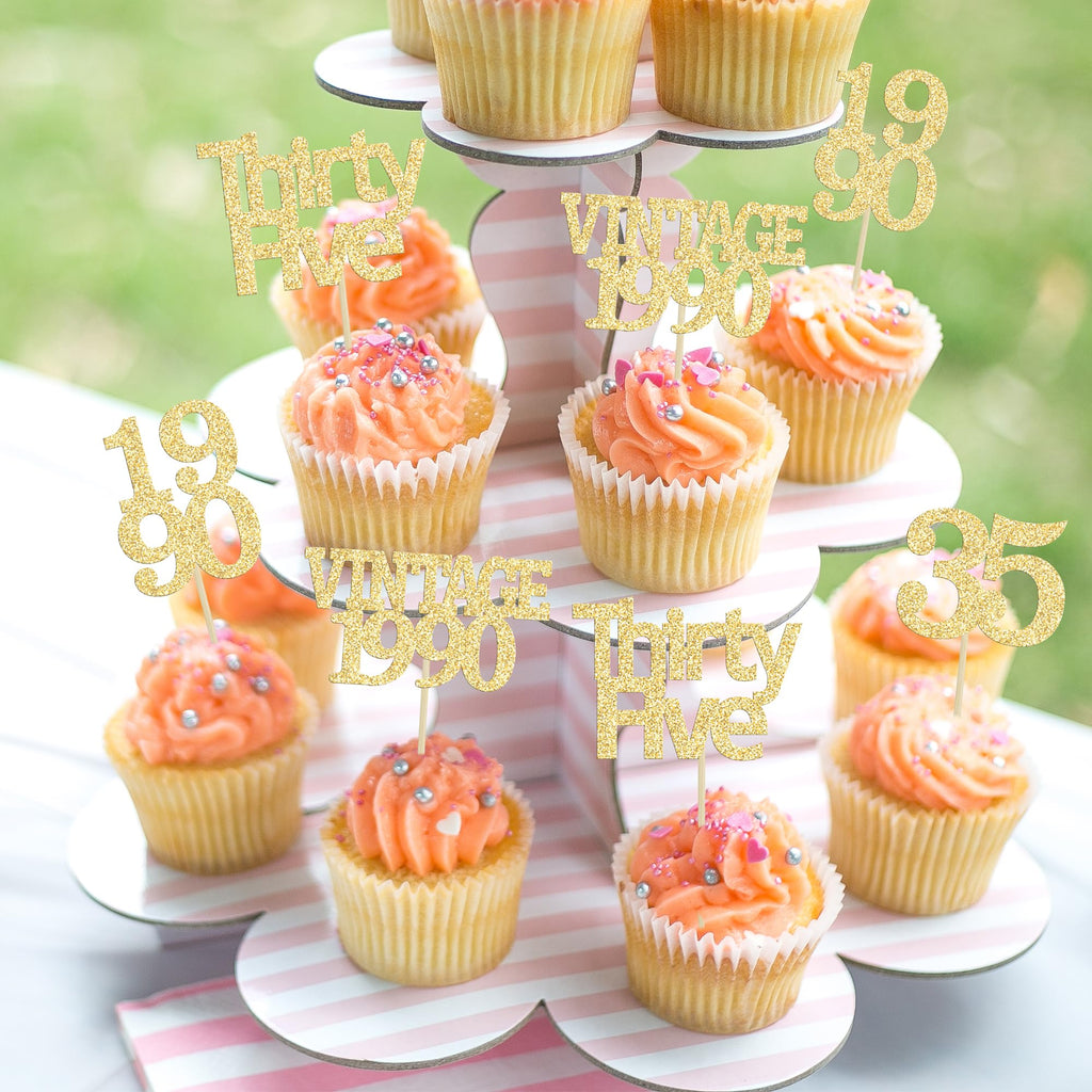 Gyufise 24Pcs Happy 35th Birthday Cupcake Toppers Glitter Thirty Five 35 Fabulous Vintage 1990 Cupcake Picks for 30th Birthday Wedding Anniversary Party Cake Decorations Supplies Gold