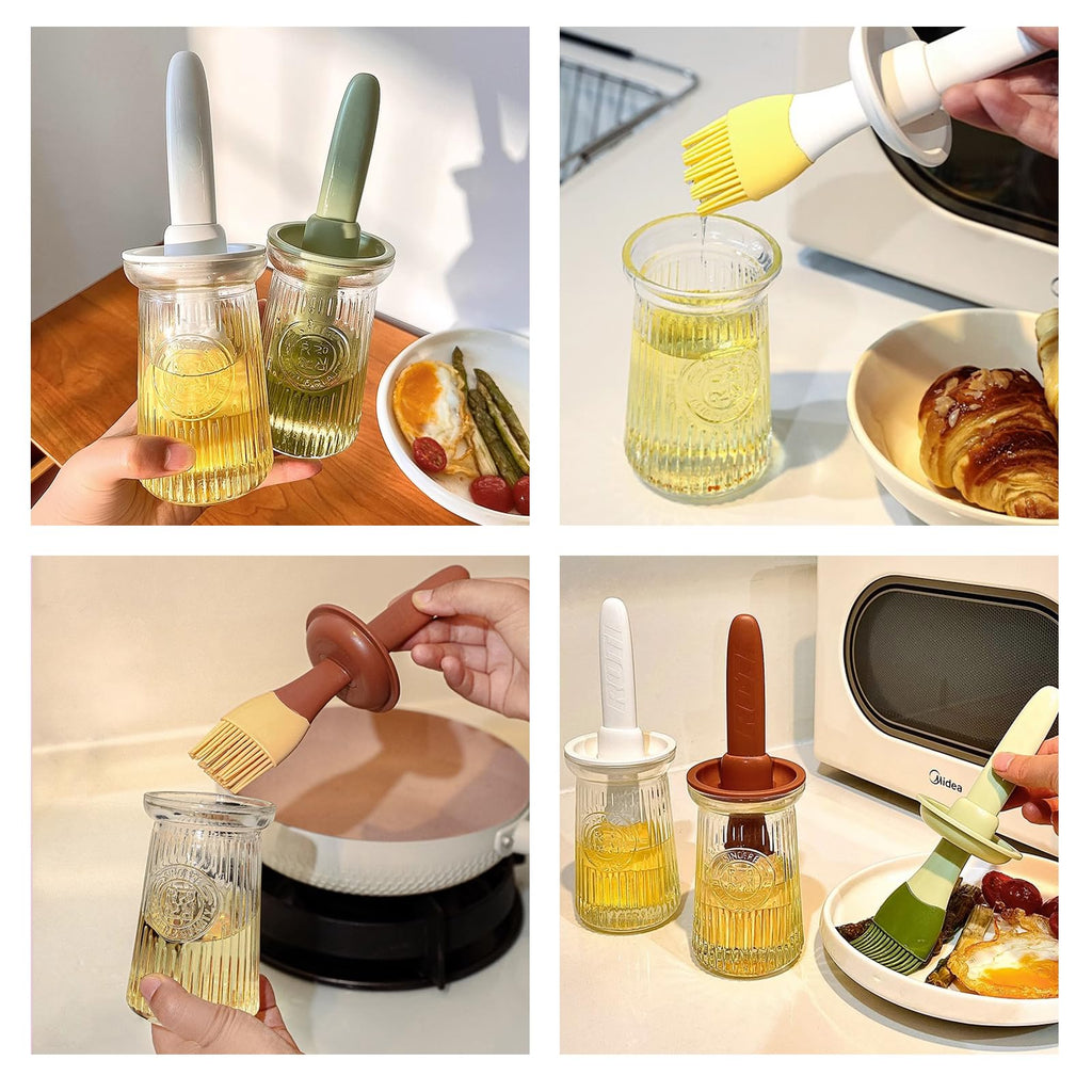 Uteynee Oil Dispenser with Brush - Glass Olive Oil Dispenser for Kitchen, 3 IN 1 Oil Dispenser Bottle with Silicone Basting Brush for Cooking Vinegar Sauce BBQ Grill Frying (Brown)