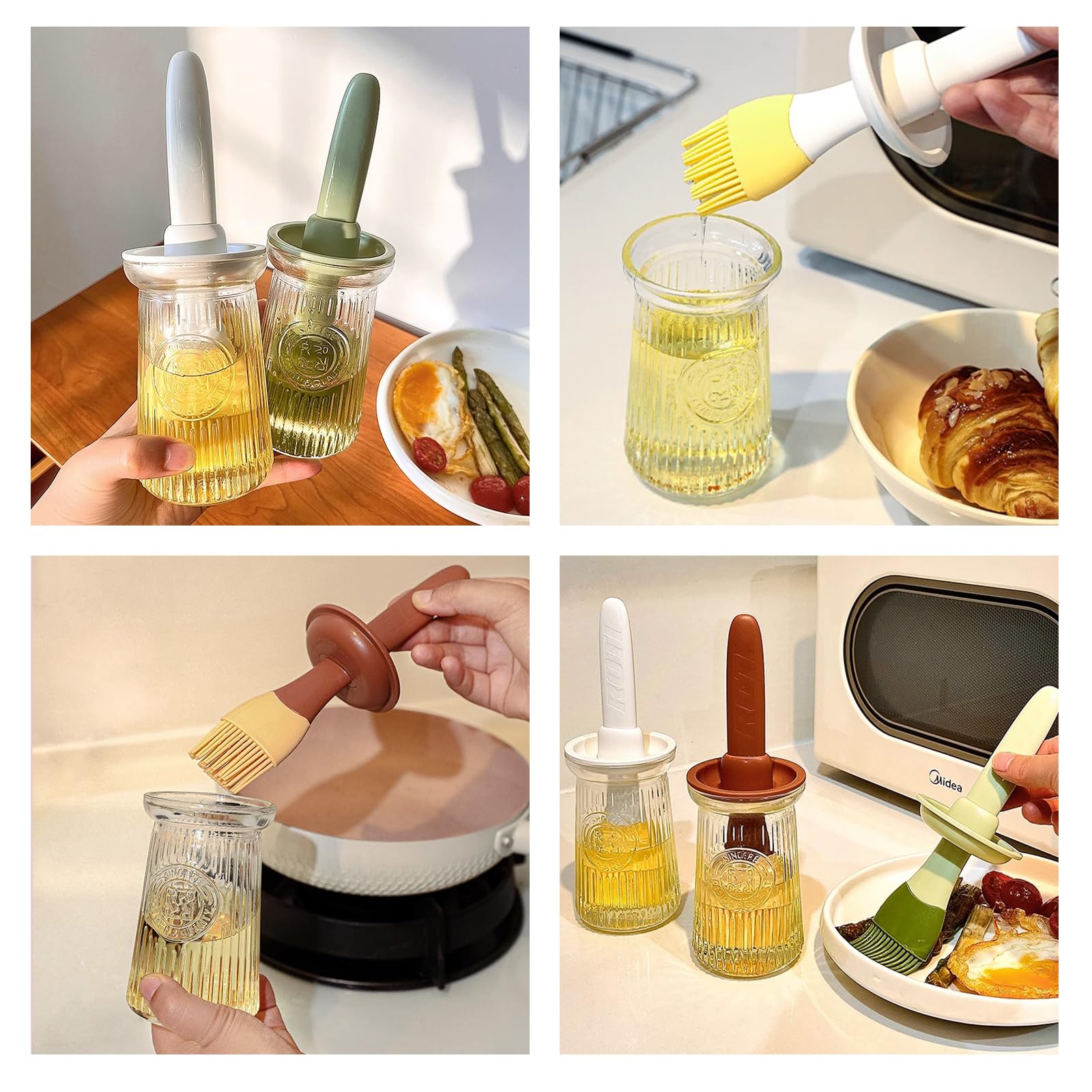 Uteynee Oil Dispenser with Brush - Glass Olive Oil Dispenser for Kitchen, 3 IN 1 Oil Dispenser Bottle with Silicone Basting Brush for Cooking Vinegar Sauce BBQ Grill Frying (Brown)