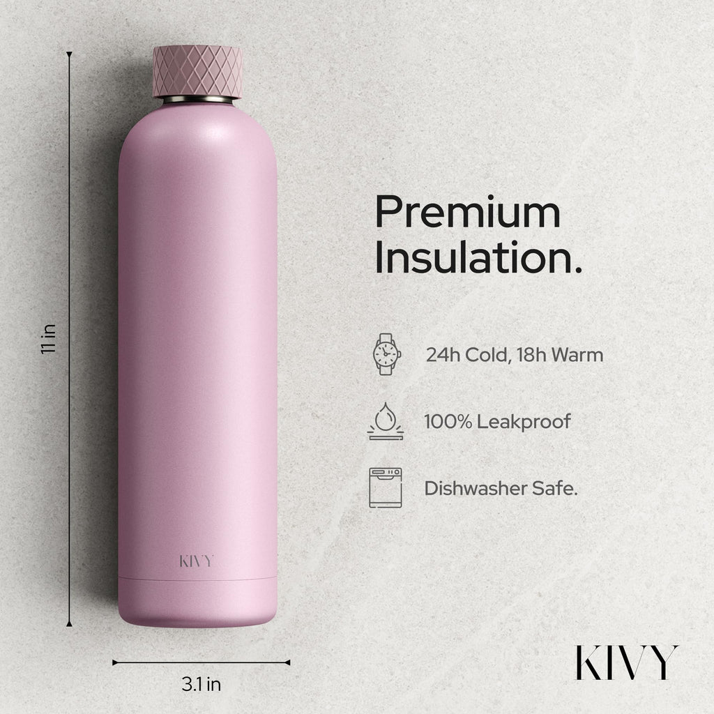 KIVY Stainless Steel Insulated Water Bottle 32oz | Slim Water Bottle for Travel, Car, Gym, Cupholder, Backpack side pocket - Slim water bottle no straw - Screw top