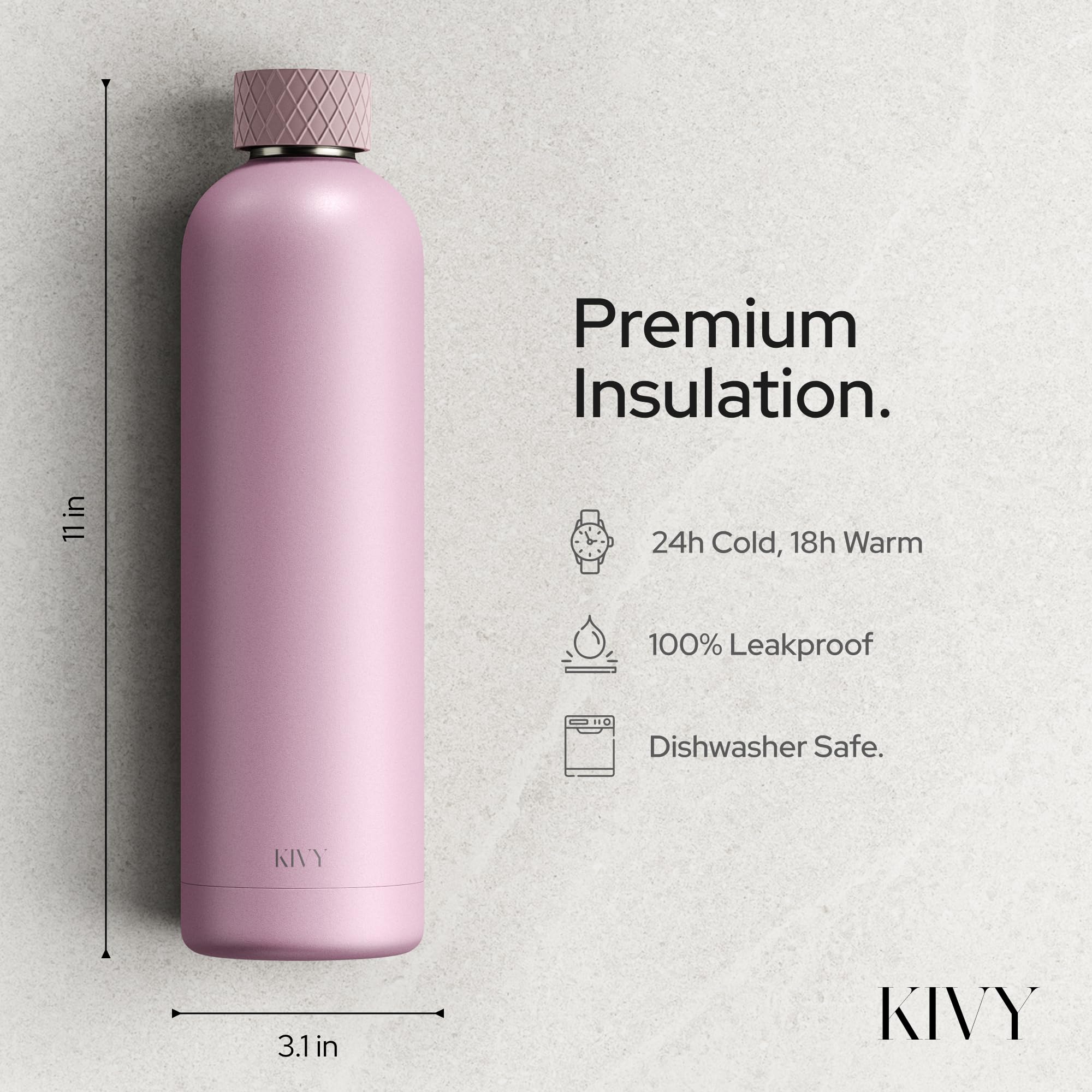 KIVY Stainless Steel Insulated Water Bottle 32oz | Slim Water Bottle for Travel, Car, Gym, Cupholder, Backpack side pocket - Slim water bottle no straw - Screw top