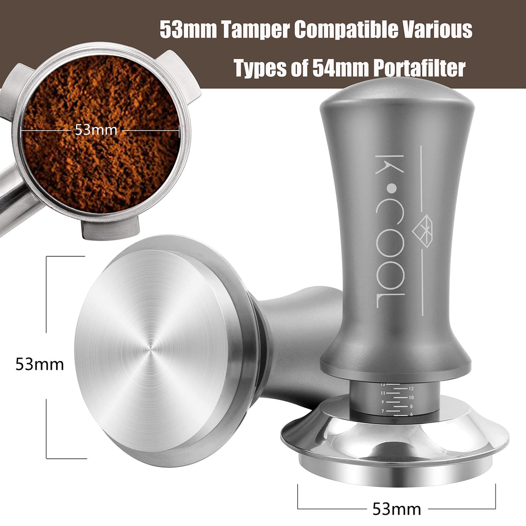 K COOL Espresso Tamper, Coffee Tamper, Premium Barista Tools Tamper with Calibrated Spring 30lb, 100% Stainless Steel Flat Base Tamper with Scale Mark for Espresso Coffee Machine (53mm, Silver)