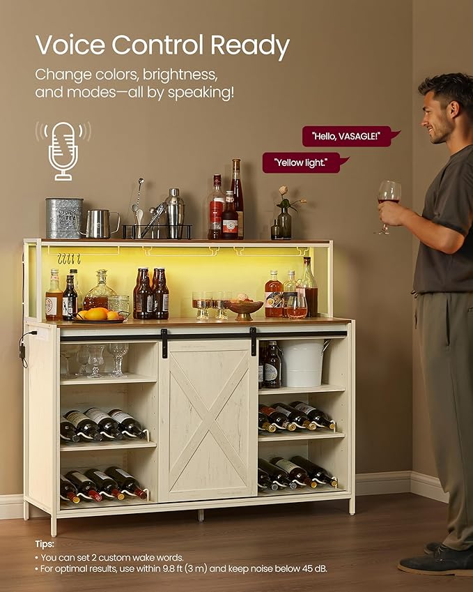 VASAGLE Coffee Bar Cabinet with Power Outlet and Voice Control LED Light, Buffet Cabinet with Sliding Barn Doors, S Hooks, Wine Glass Racks, Bottle Holders, Rustic White and Honey Brown ULSC201W01