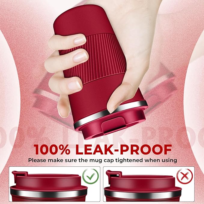 Insulated Coffee Tumbler 12 oz, Stainless Steel Coffee Mug with Lids, Travel Coffee Mug Leak Proof, Double Wall Vacuum Insulated Reusable Iced Coffee Cup, Keep Drinks Hot and Cold (Red, 17 Ounces)