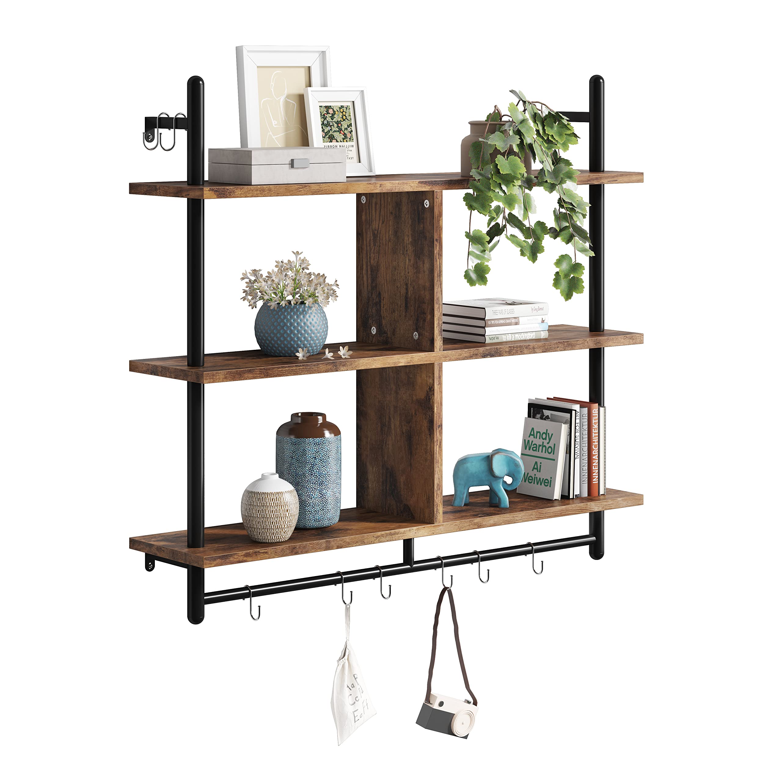Bestier 41.5" Floating Shelves for Wall 3 Tier Kitchen Shelves Wall Mounted Coffee Bar Shelf Hanging Shelf with 8 Hooks, Industrial Display Pipe Shelving for Kitchen Living Room Bathroom, Rustic Brown