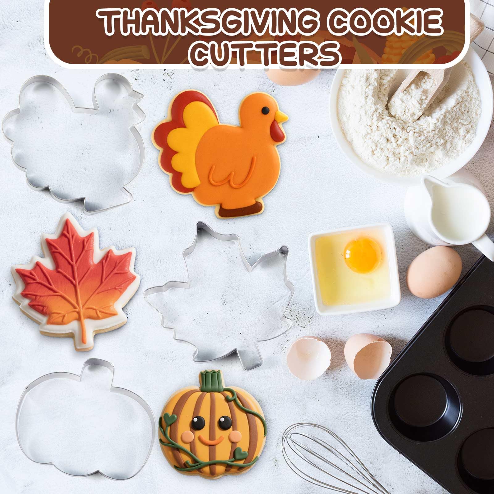 Teenyyou 3 Pcs 8 Inch Thanksgiving Turkey Cookie Cutters Set Extra Large Stainless Steel Fall Thanksgiving Pumpkin Maple Leaves Turkey Biscuit Cookie Cutter Mold for Baking Party Kitchen Accessory