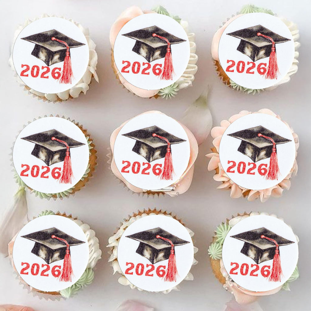 Gyufise 48Pcs Edible 2026 Graduation Cap Cupcake Toppers Wafer Paper Class of 2026 Grad Cap Cupcake Picks for 2026 Graduation Theme Party Cake Decorations Supplies Red