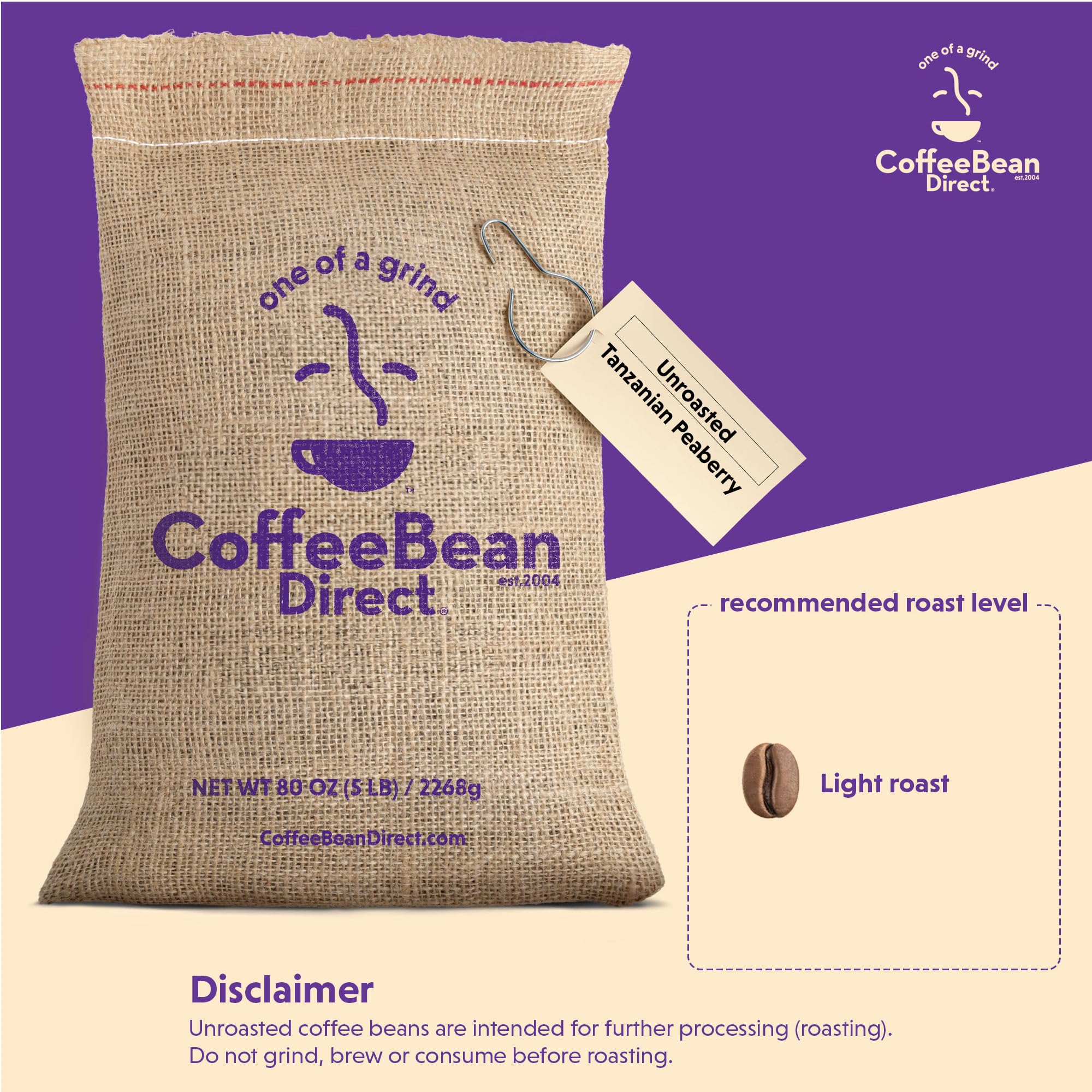 Coffee Bean Direct Unroasted Tanzanian Peaberry, 5lb Bag