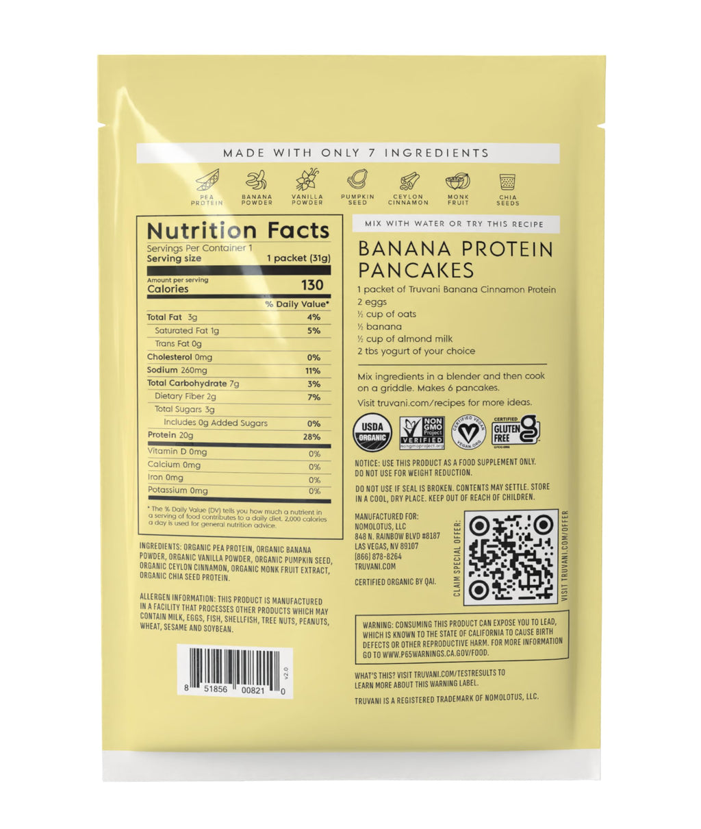 Truvani Organic Plant Based Protein Powder | Banana Cinnamon | 1 Serving