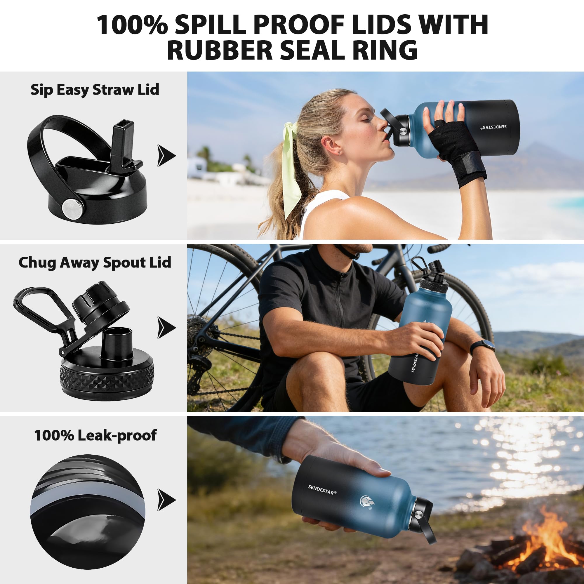 Insulated Water Bottle 64 oz, Triple Wall Vacuum Stainless Steel Water Bottles (Cold for 48 Hrs), Leak Proof & Non-BPA, Half Gallon Water Flask Jug Wide Mouth Straw Lid & Spout Lid